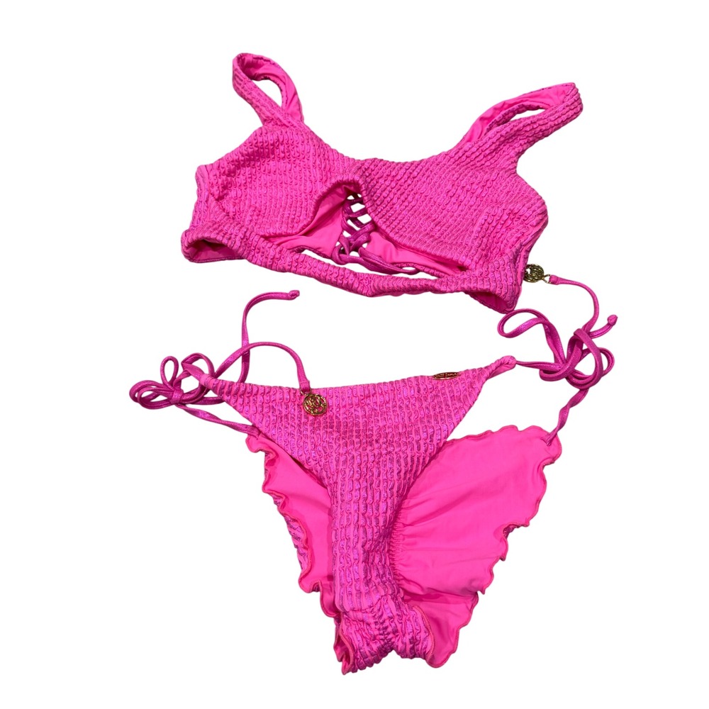 Luli fama Neon Pink Smocked Crinkle Metallic Lace Up Bikini Set with Gold Charms